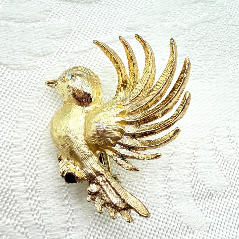 Vintage Gold Tone Hummingbird Bird‎ Animal Brooch with AB Rhinestone Eye